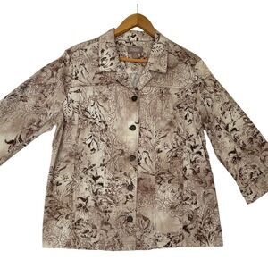 Chico's Floral Button Front Women Jacket 3/4 Sleeve Beige Brown Size 2 (medium )